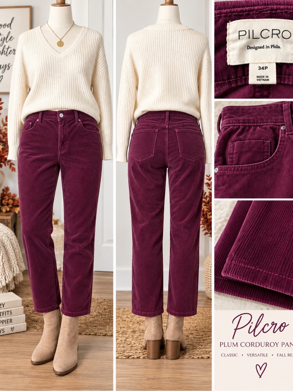 Pilcro 34P Plum/Berry/Wine Corduroy Pants High Rise Ankle Fall Preppy